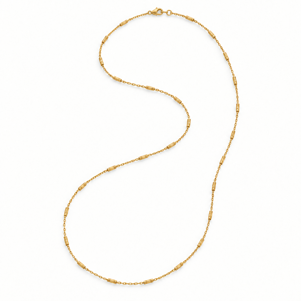 Long 18k Gold Plated bar chain necklace with lobster clasp, laid flat on a white background
