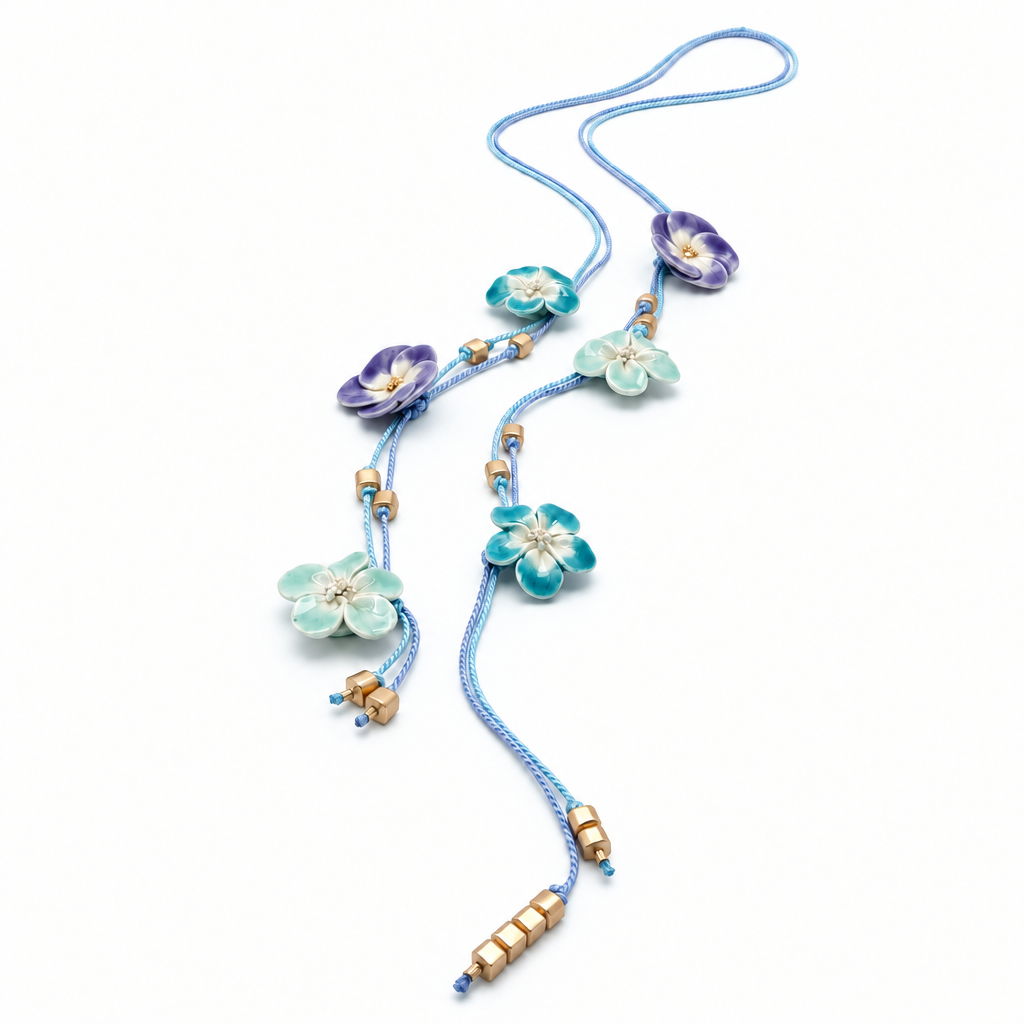 Purple Turquoise Ceramic Flower Lariat Necklace with Gold Hematite Beads