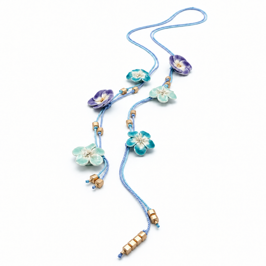 Purple Turquoise Ceramic Flower Lariat Necklace with Gold Hematite Beads