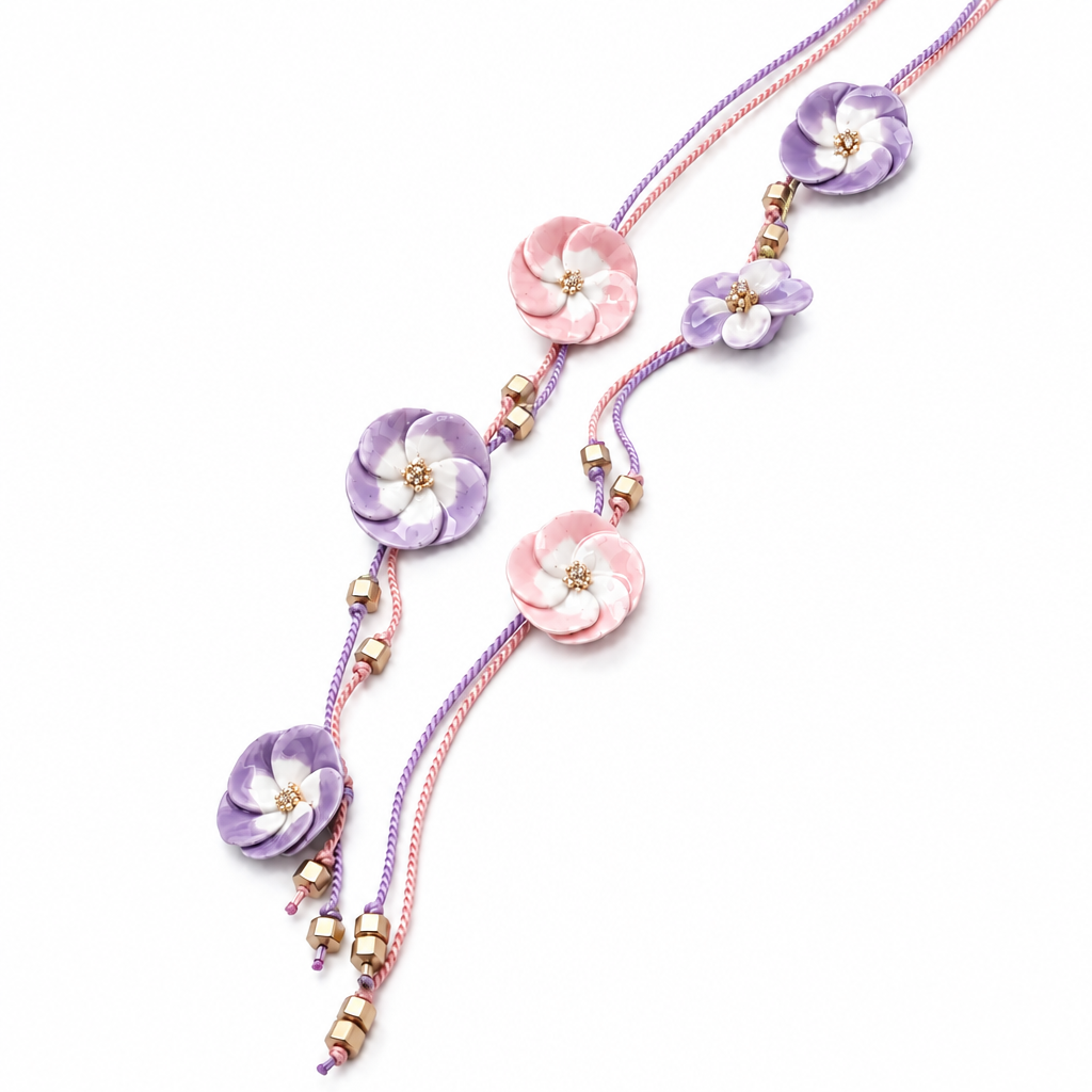 Pink Lavender Ceramic Flower Lariat Necklace with Gold Hematite Beads