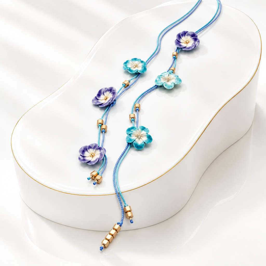 Artisan Silk Lariat Necklace with Purple and Turquoise Ceramic Flowers