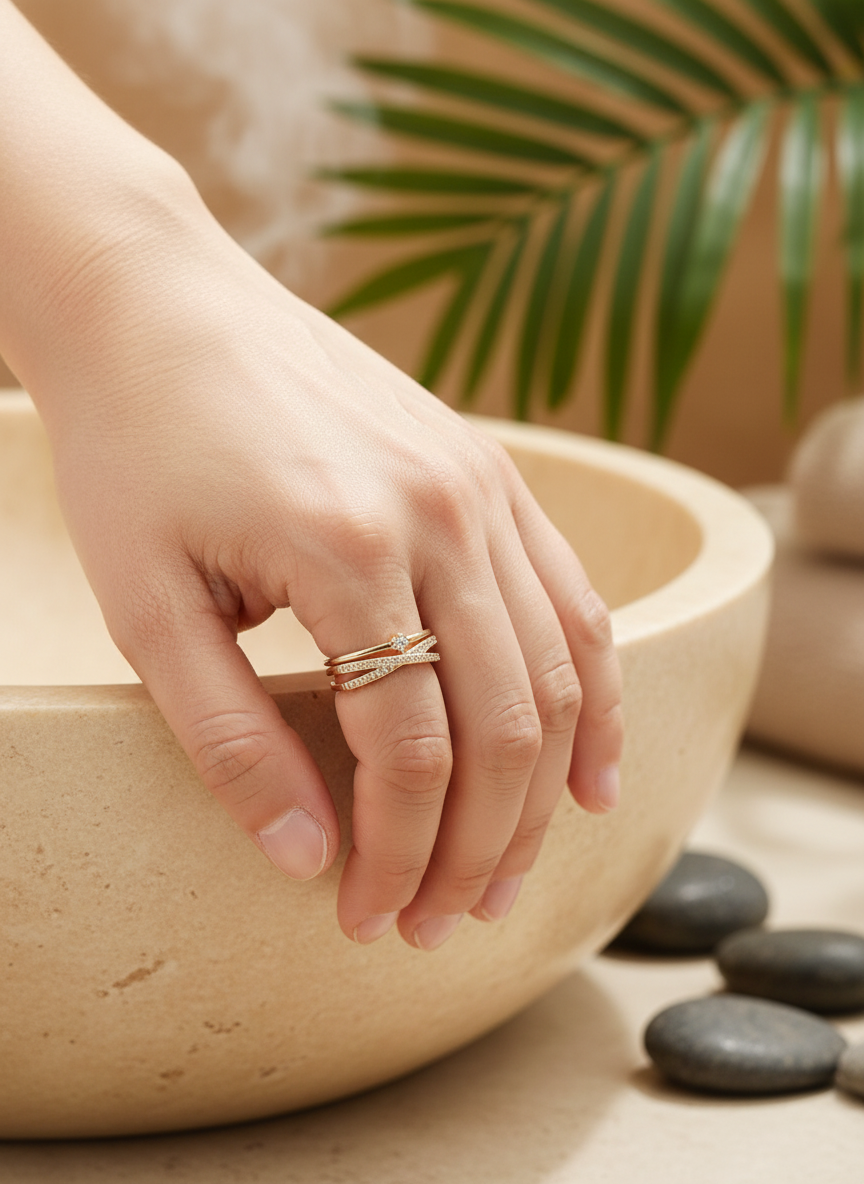 Cross Gold Ring on Model Hand