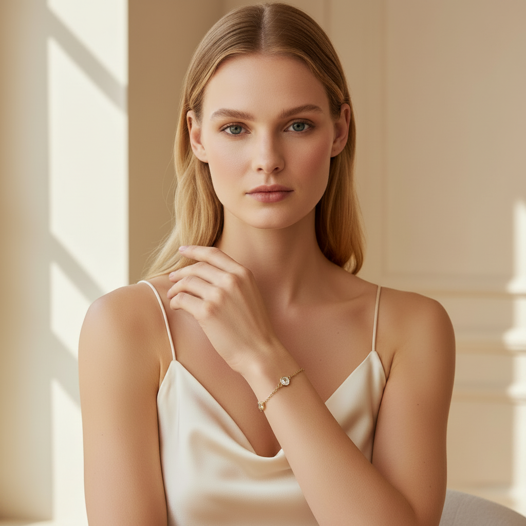 Dainty Gold Crystal Bracelet 18k Gold Plated on Model for Women
