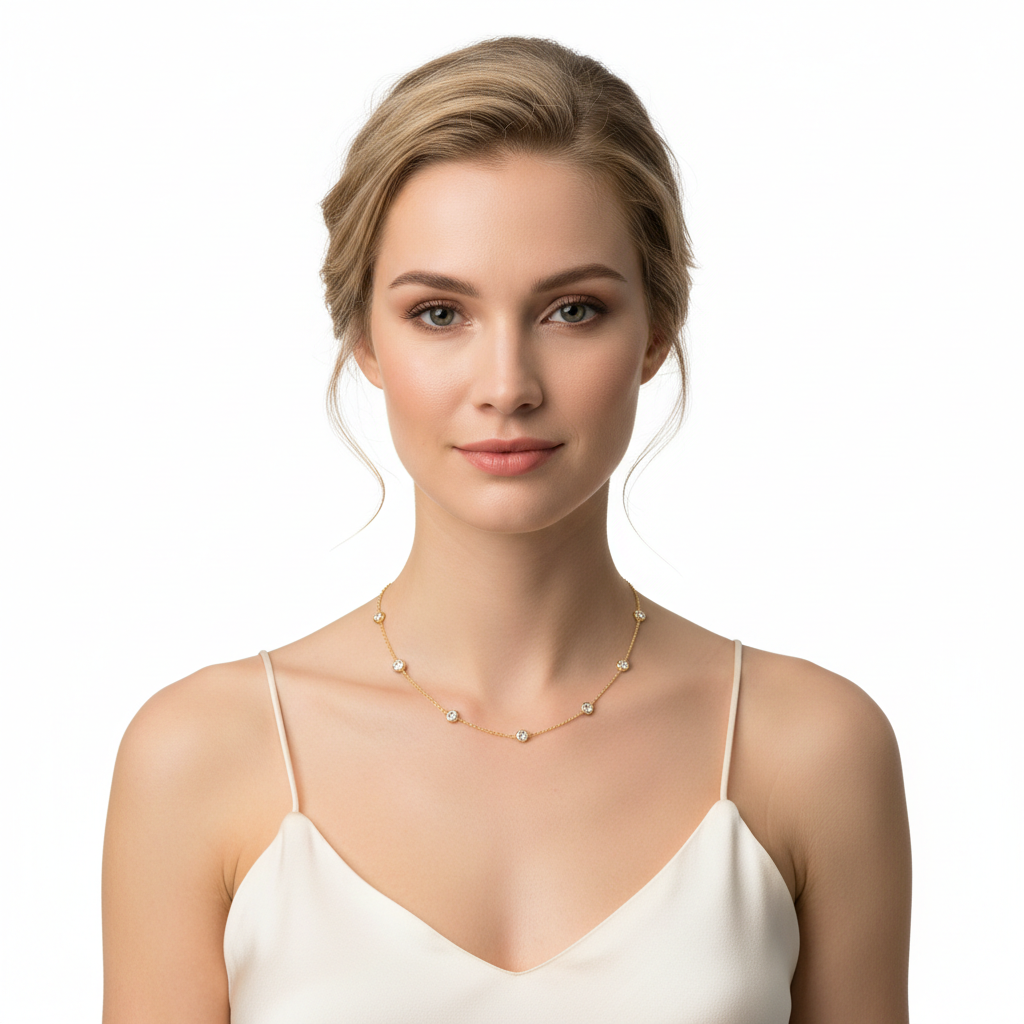 18k gold plated satellite necklace round crystal stations worn on model collarbone
