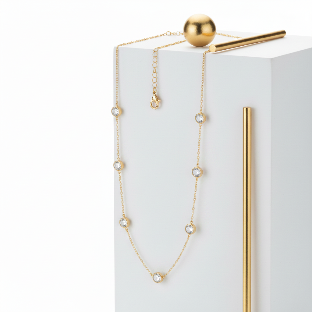 Dainty crystal satellite necklace gold plated white gold editorial jewelry styling
