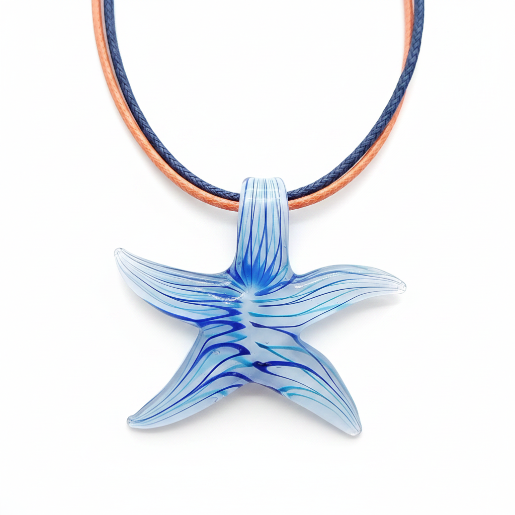 Crystal Starfish Pendant Necklace Blue Navy Orange Cord Silver Magnetic Clasp
