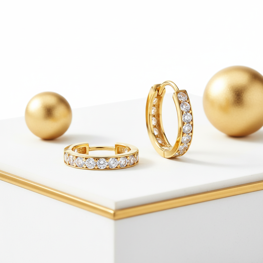 Small CZ Huggie Hoop Earrings 18k Gold Plated Second Piercing for Women
