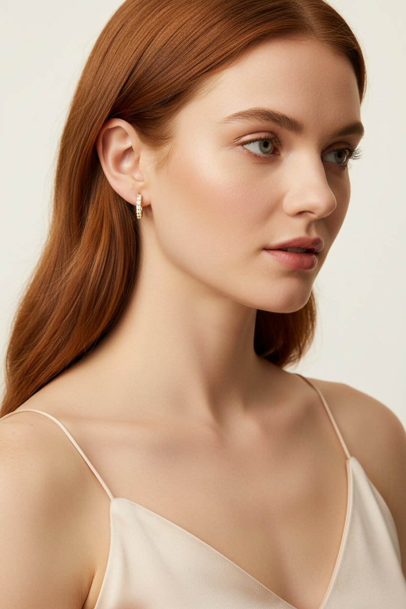 18k Gold Plated CZ Huggie Hoop Earrings 12mm Model Wearing Small Gold Hoops Women
