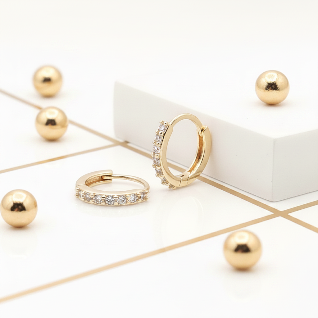 Small CZ Huggie Hoop Earrings Gold Plated Cubic Zirconia Stackable Second Piercing Women
