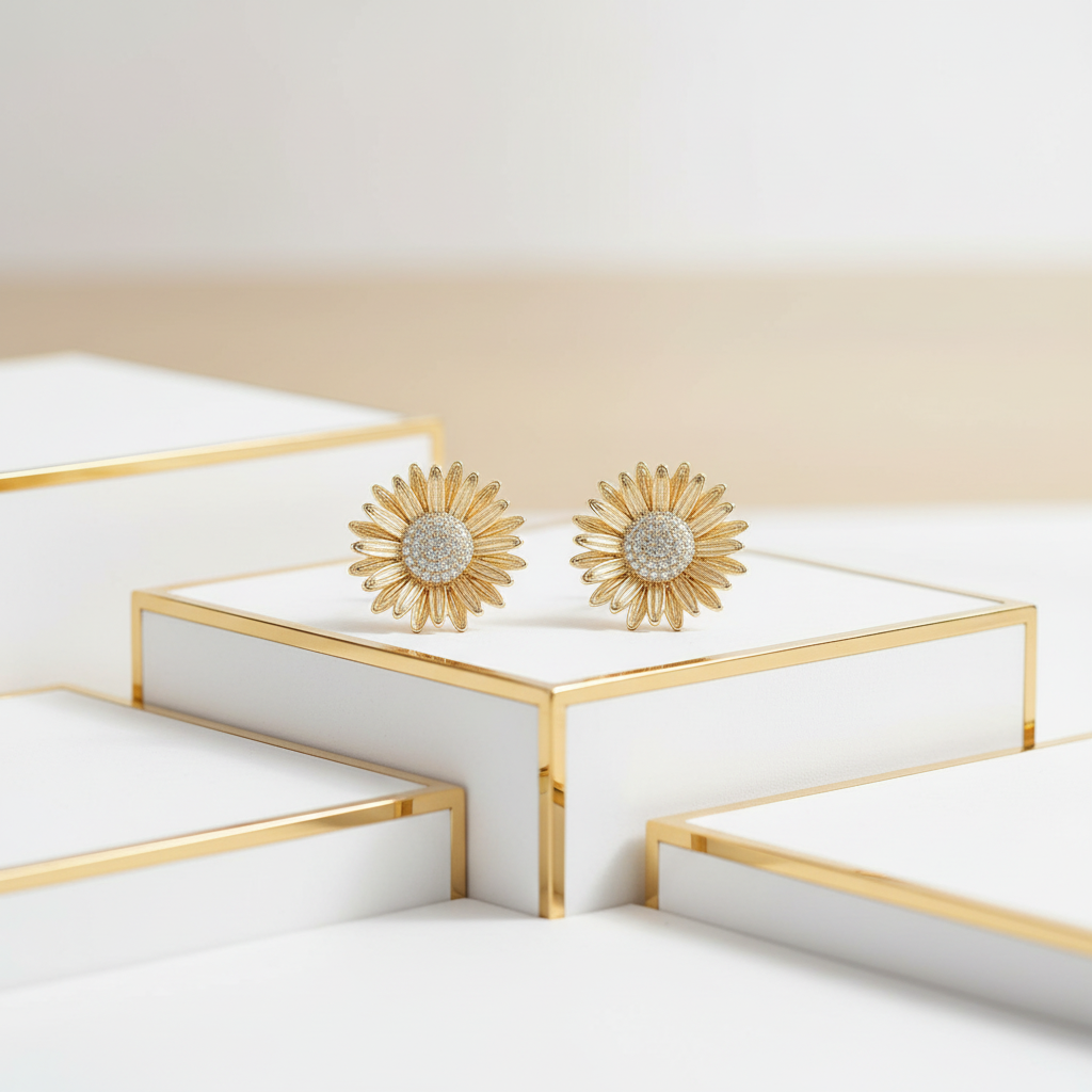 Chunky daisy gold CZ button stud earrings 25mm - side view
