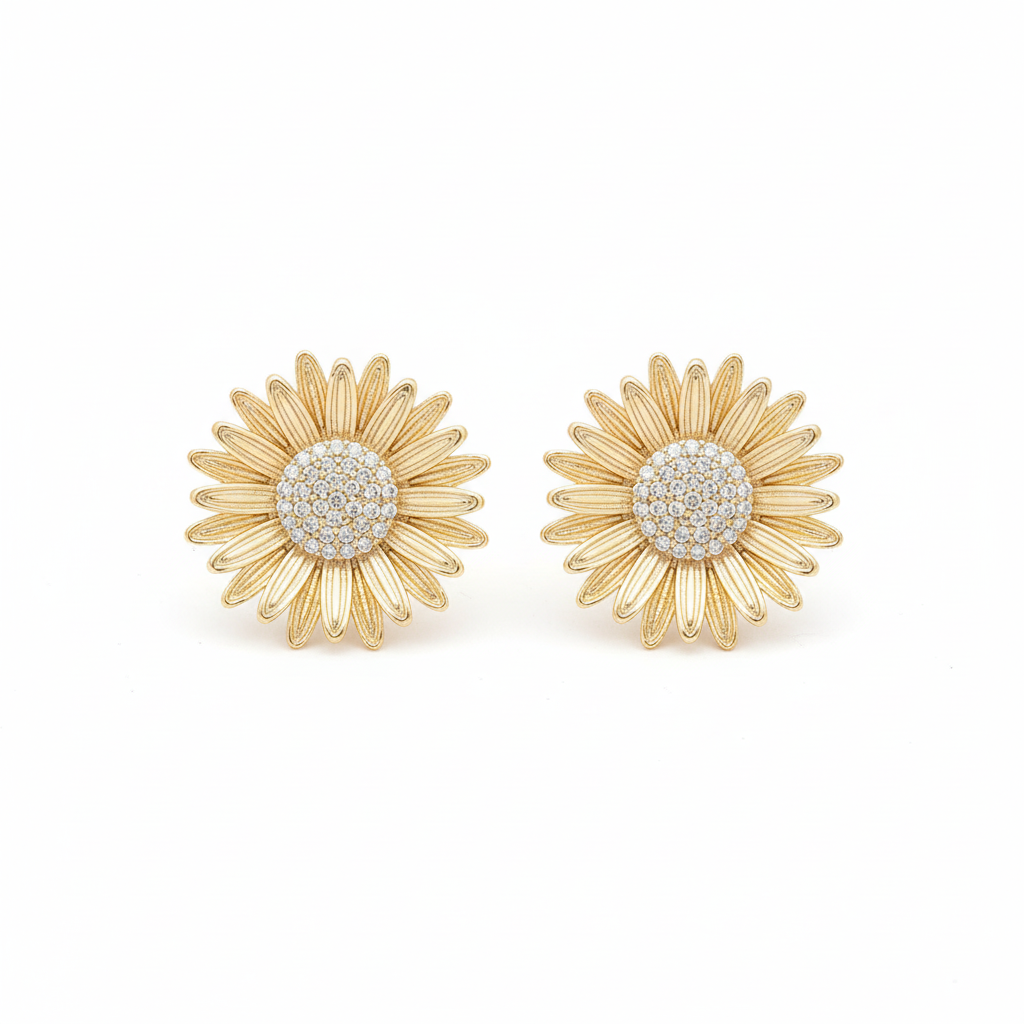 Chunky daisy gold CZ button stud earrings 18k gold plated - front view