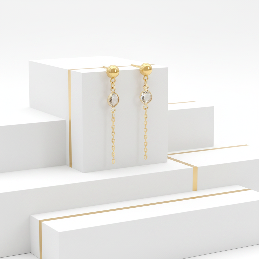 Crystal Dangle Stud Earrings 18K Gold Plated Chain 
