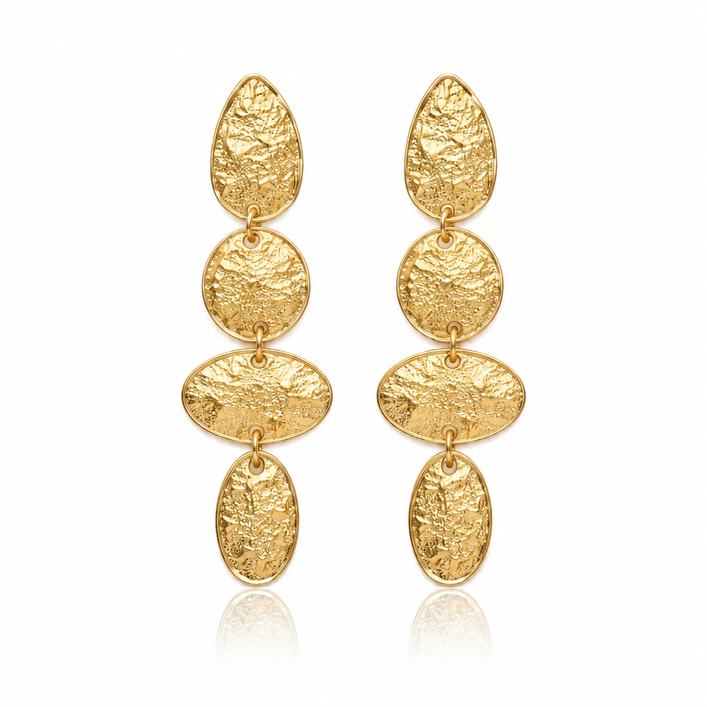 Front view of long dangle earrings in 18k Gold Plated with four linked hammered shapes on a white background