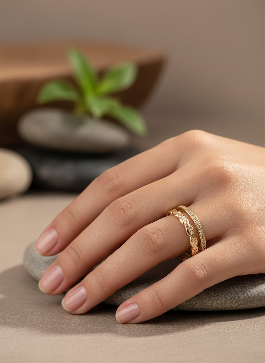 Double band braided ring in 18k gold plated finish worn on model's hand, showing adjustable fit and cubic zirconia detail