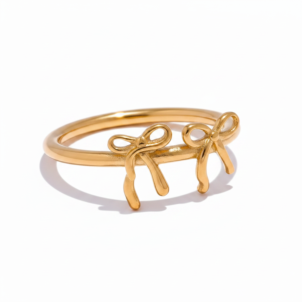 Double bow 18k PVD gold stainless steel band ring – two bow charms side by side – Ms Friesch
