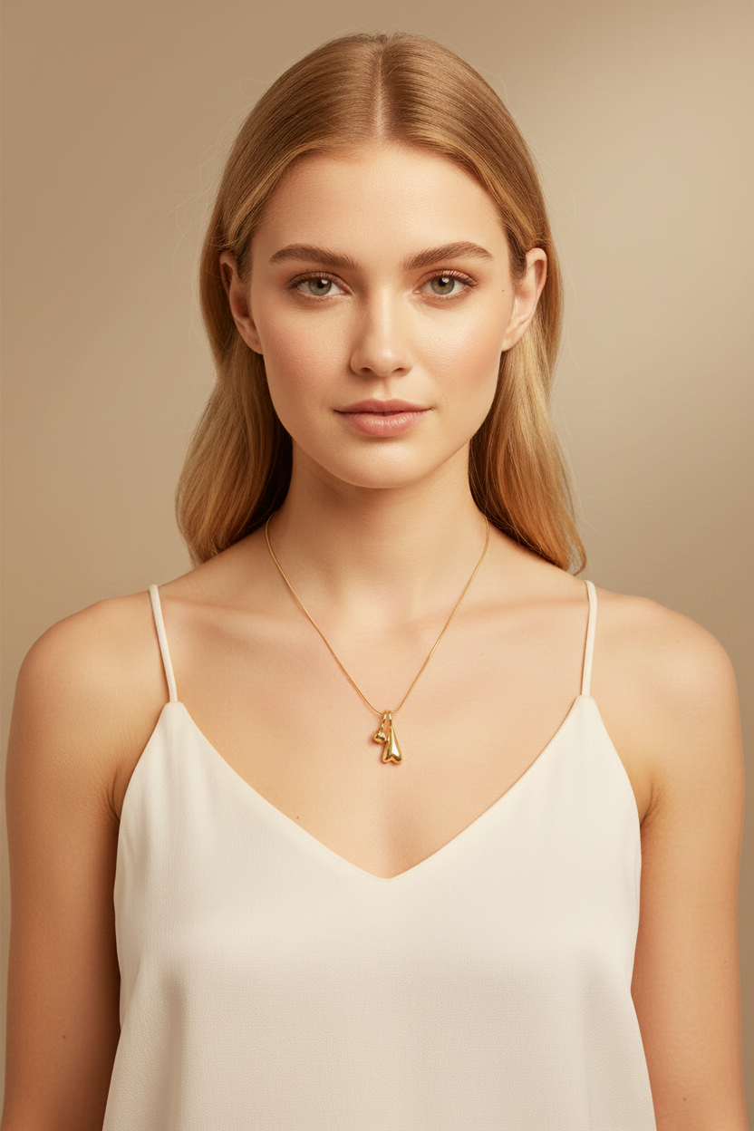 Woman wearing double domed heart chain necklace 18k PVD gold stainless steel jewelry
