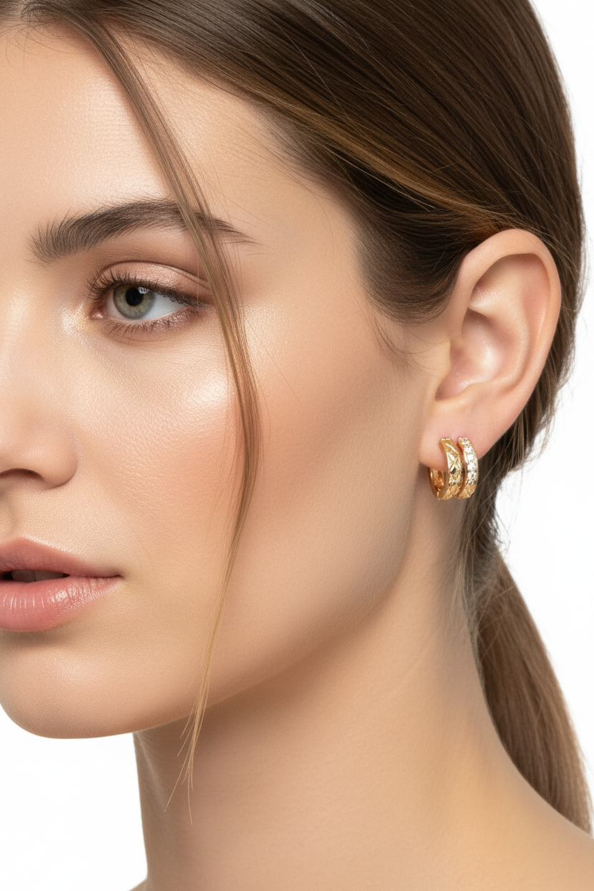 18k Gold Plated Double Row CZ Huggie Hoops worn by model – Ms Friesch