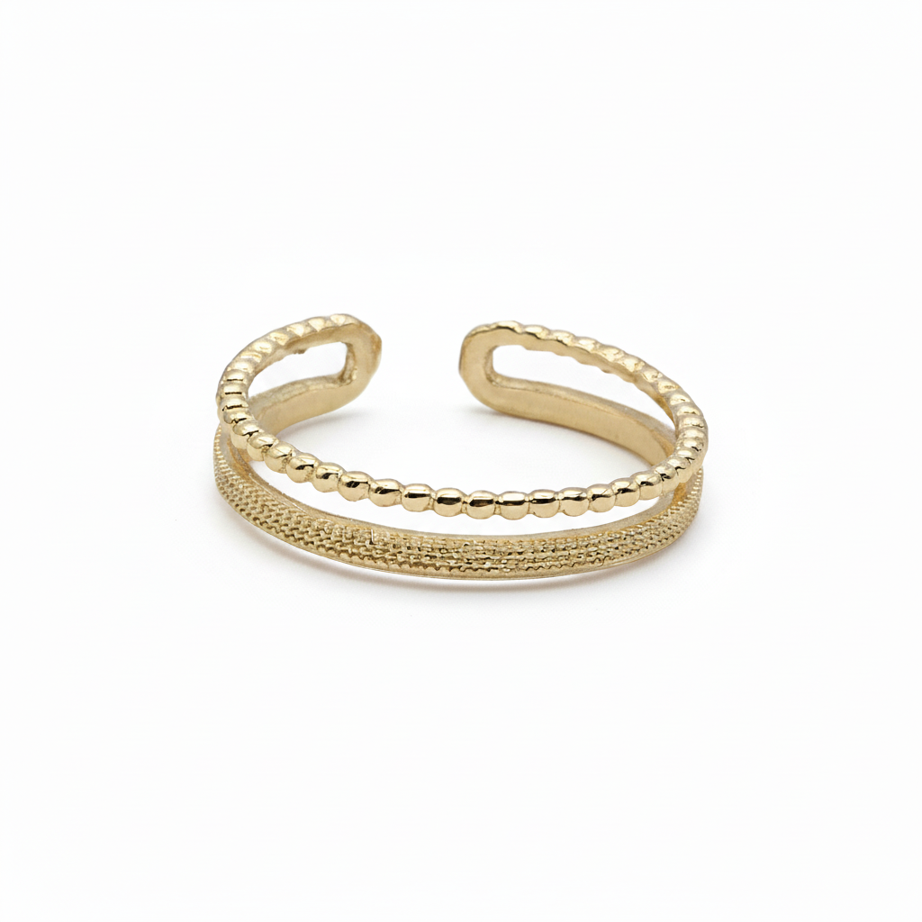 18k Gold Plated Double Band Ring – Textured Open Adjustable Ring for Women
