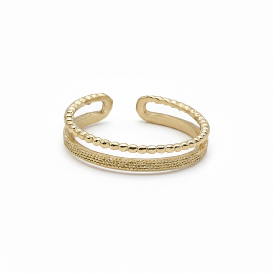Double textured band ring in 18k gold plating on white background - 4mm adjustable minimalist design