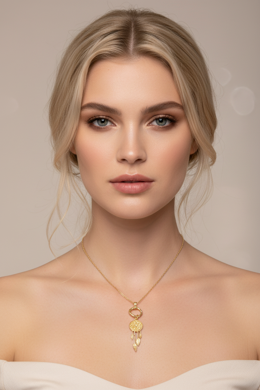 Blonde model wearing dream catcher gold necklace - delicate 18k gold plated Y pendant with CZ charm