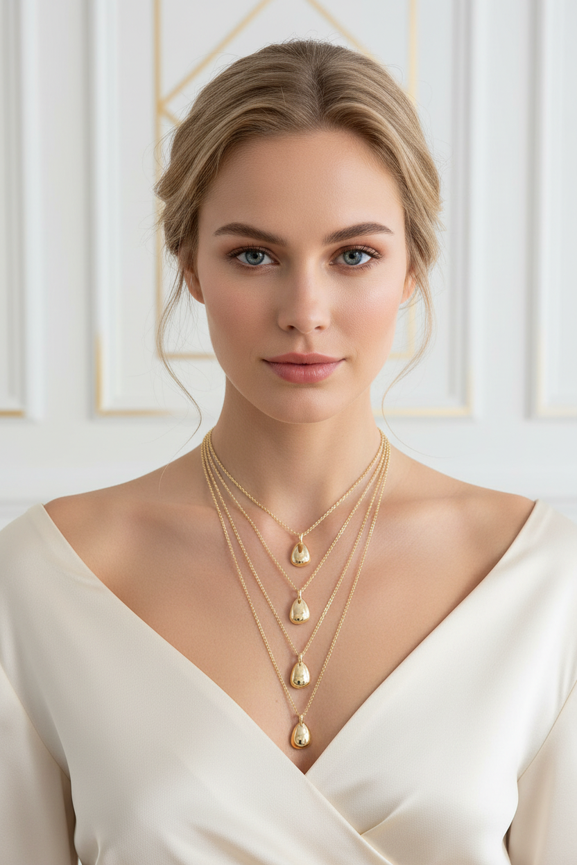 Model wearing drop charm pendant necklace layered with gold lariat necklace - 14k gold filled chain styling