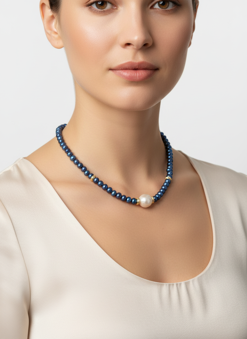 Elegant Blue Pearl Necklace with Enhanced Lighting on Model