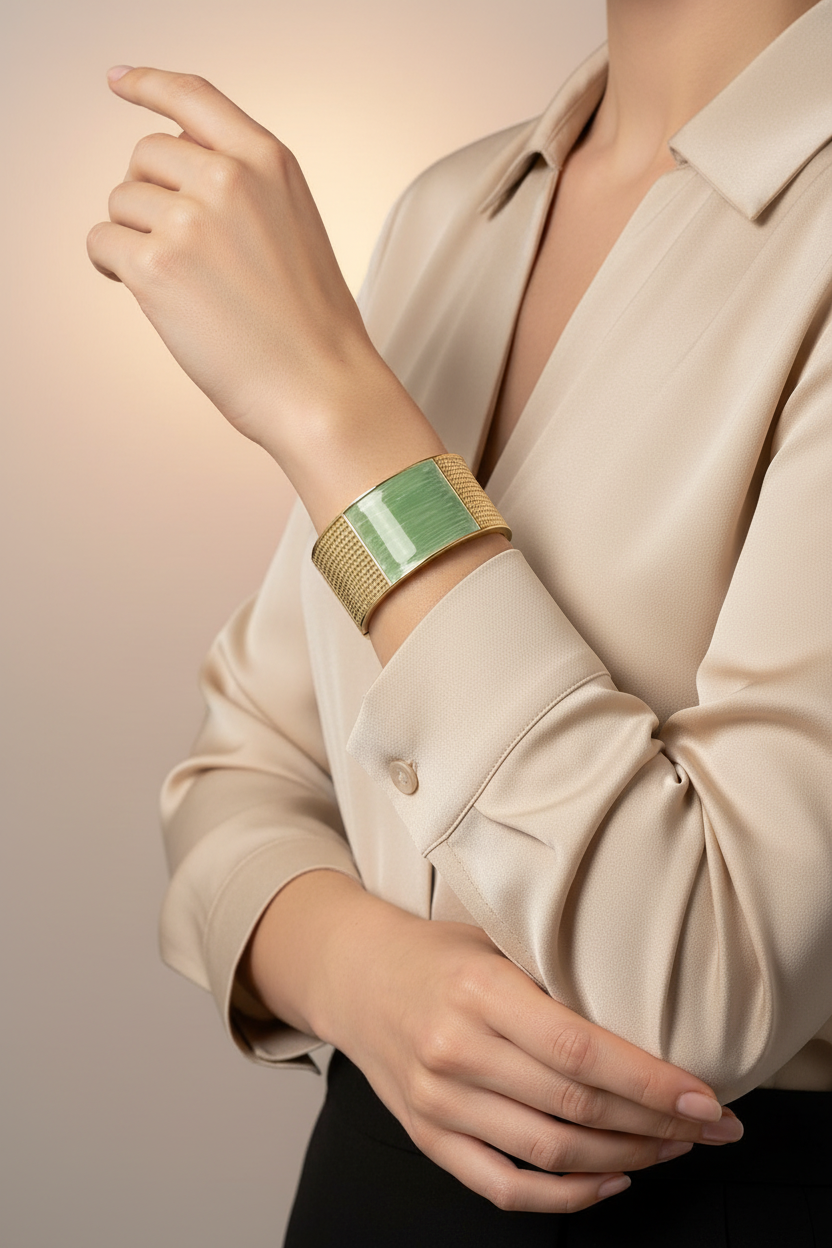 Model wearing elegant chunky gold cuff bracelet - upper body lifestyle shot showcasing 18k gold plated bangle