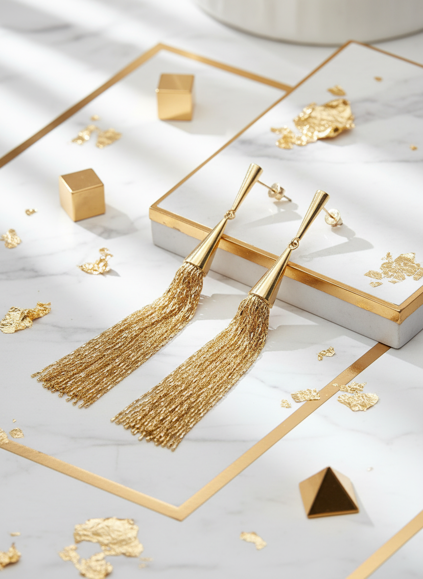 Elegant Gold Chain Tassel Earrings in White and Gold Setting