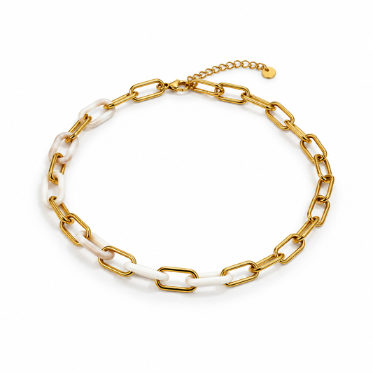 Paperclip chain necklace with 18k PVD Gold and white resin links
