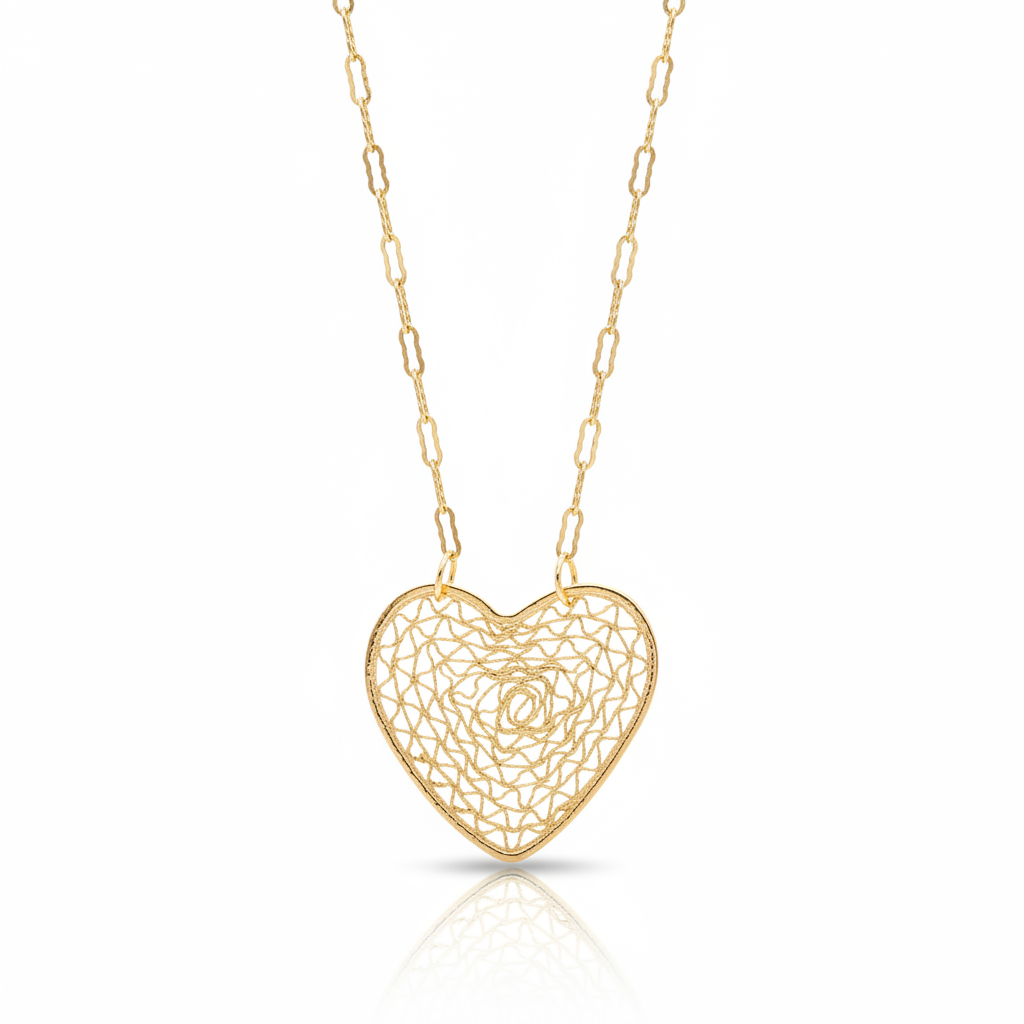 Filigree heart pendant necklace 18k gold plated hypoallergenic gift for women

