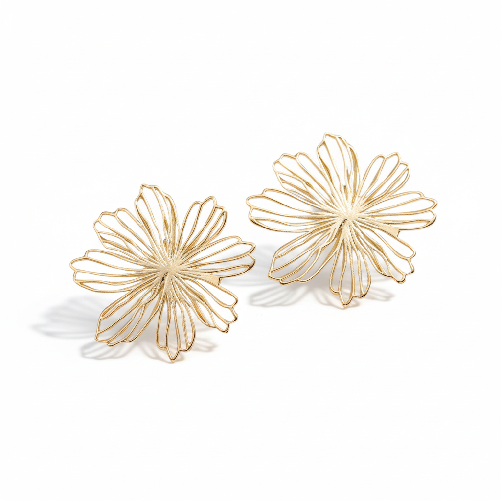 18k gold plated flower stud earrings on white background - lightweight everyday jewelry