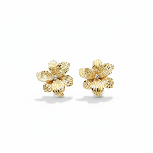 Chunky gold flower stud earrings with sculptural petal design - 18k gold plated statement jewelry by Ms Friesch
