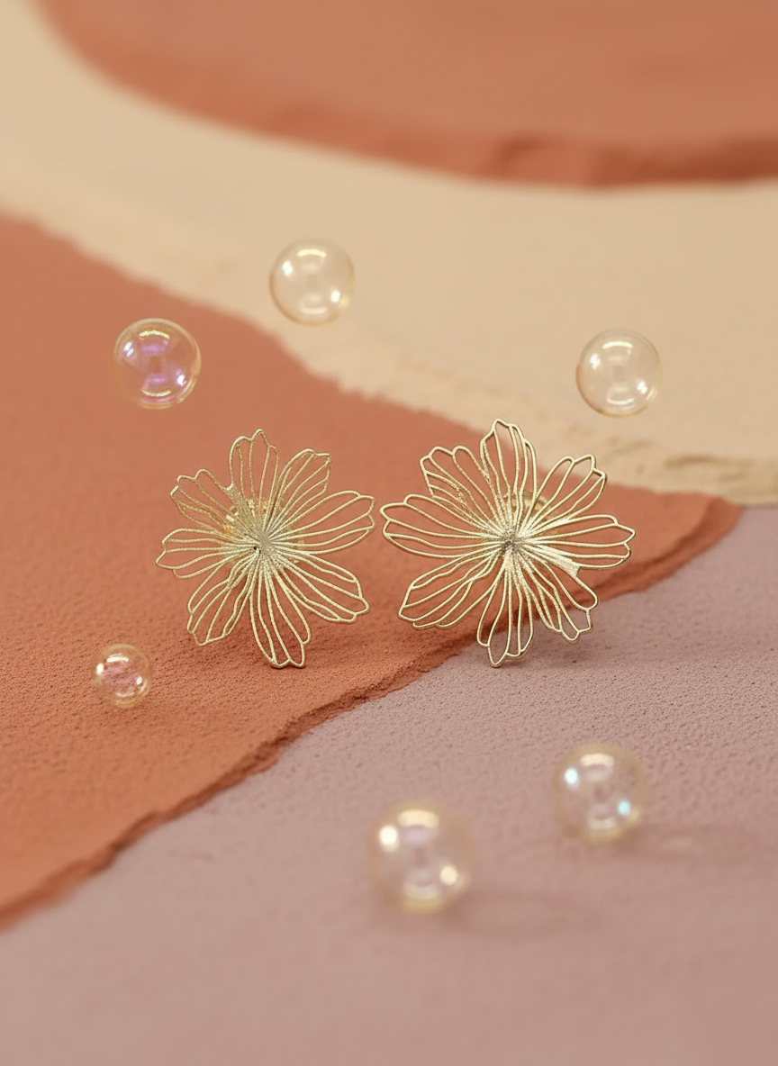Flower earrings with earthy background and gold bubbles