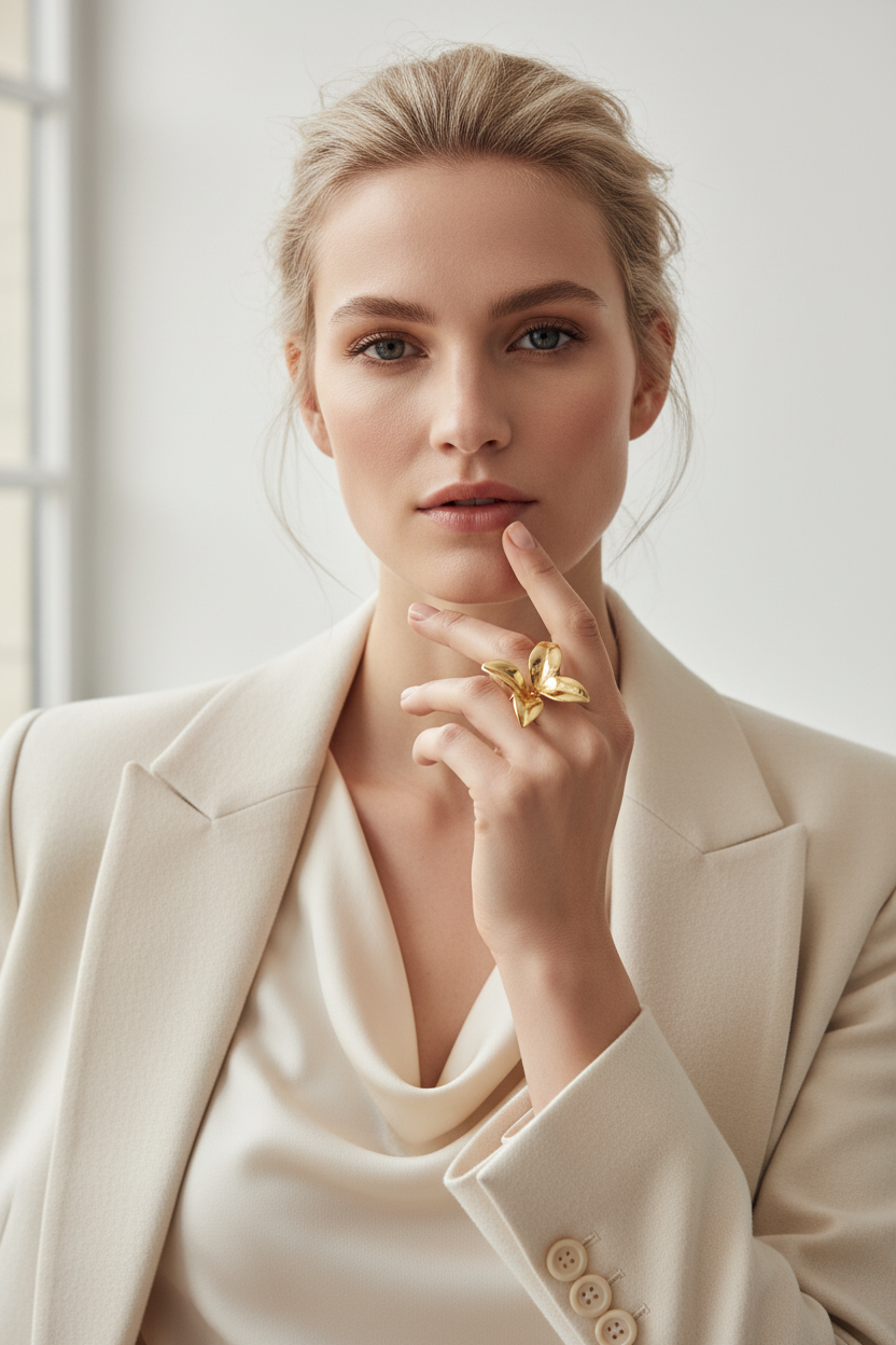 Nordic model wearing Flower Petals Adjustable Gold Ring – 18k PVD stainless steel jewelry by Ms Friesch