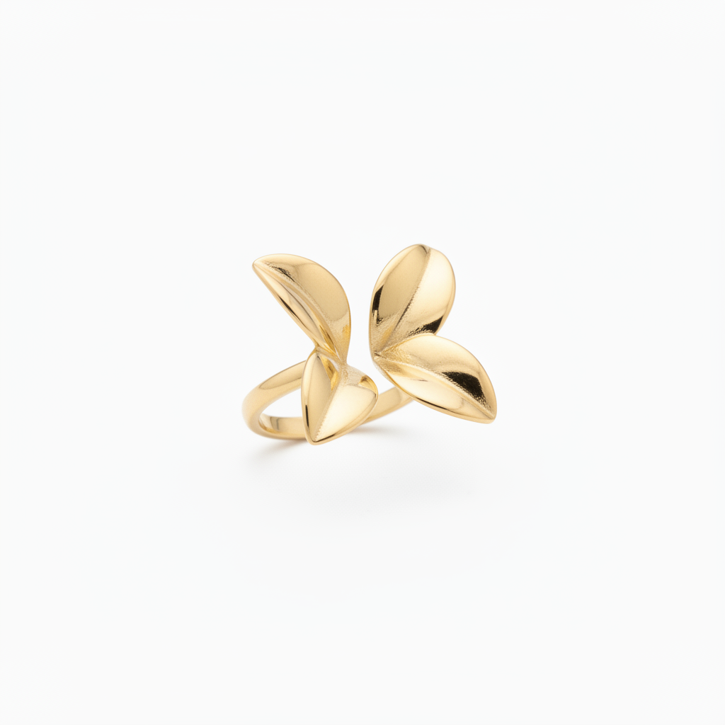 Flower Petals Adjustable Ring in 18k PVD Gold Stainless Steel – close-up floral detail on white background