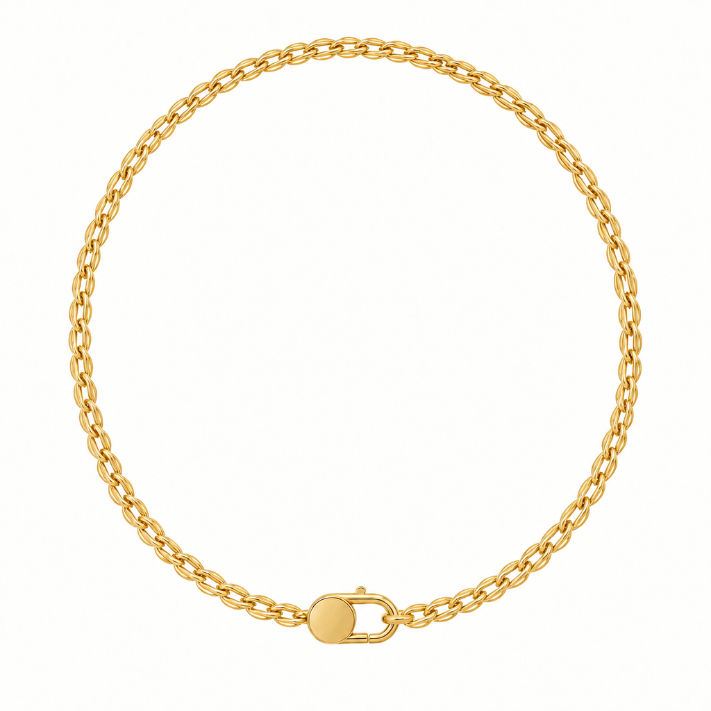 18k Gold Plated double link choker necklace with an oval lobster clasp, arranged on a white background