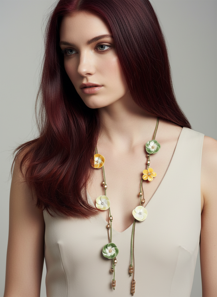 French Ceramic Flower Necklace on Red Caoba Hair Model