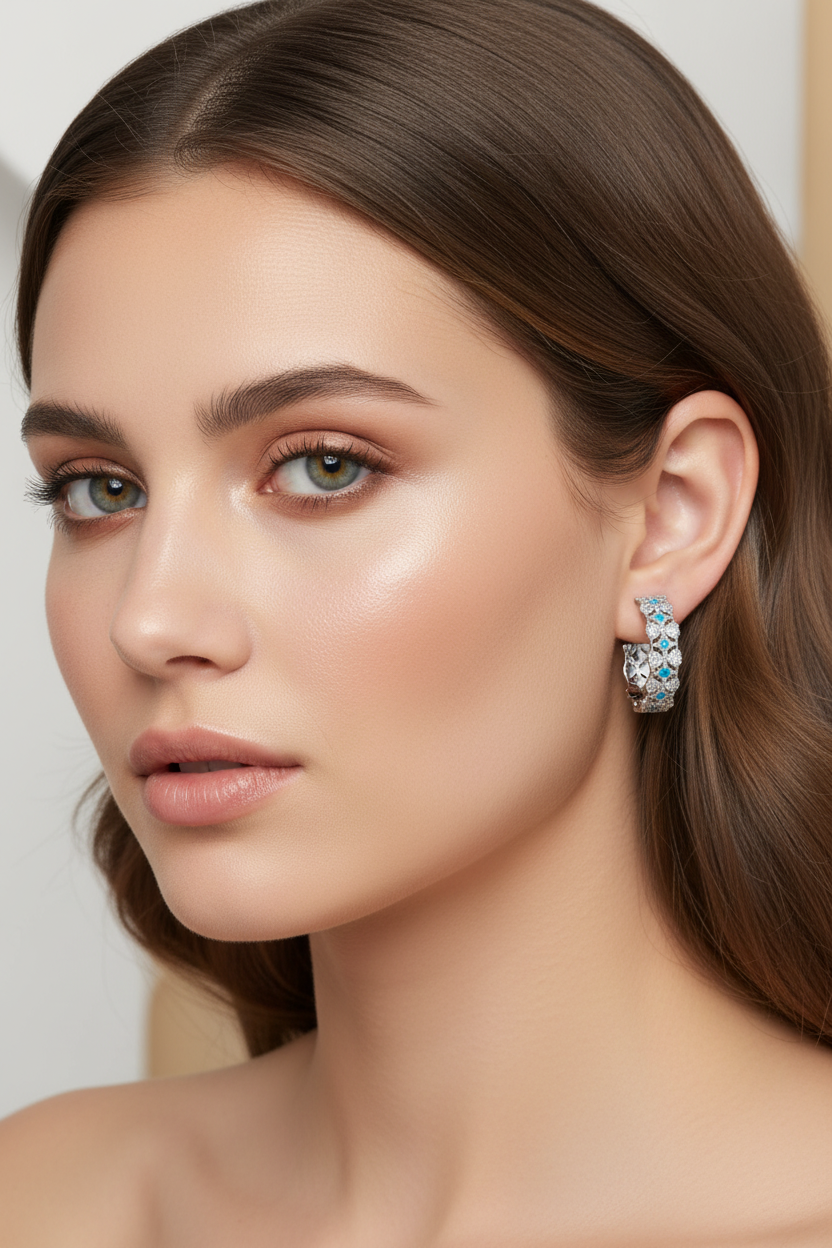 model wearing silver rhodium plated CZ hoop earrings with turquoise accents in romantic editorial style