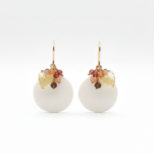 French Porcelain Gemstone Cluster Dangle Earrings 14k Gold Filled – Garnet Moonstone Carnelian

