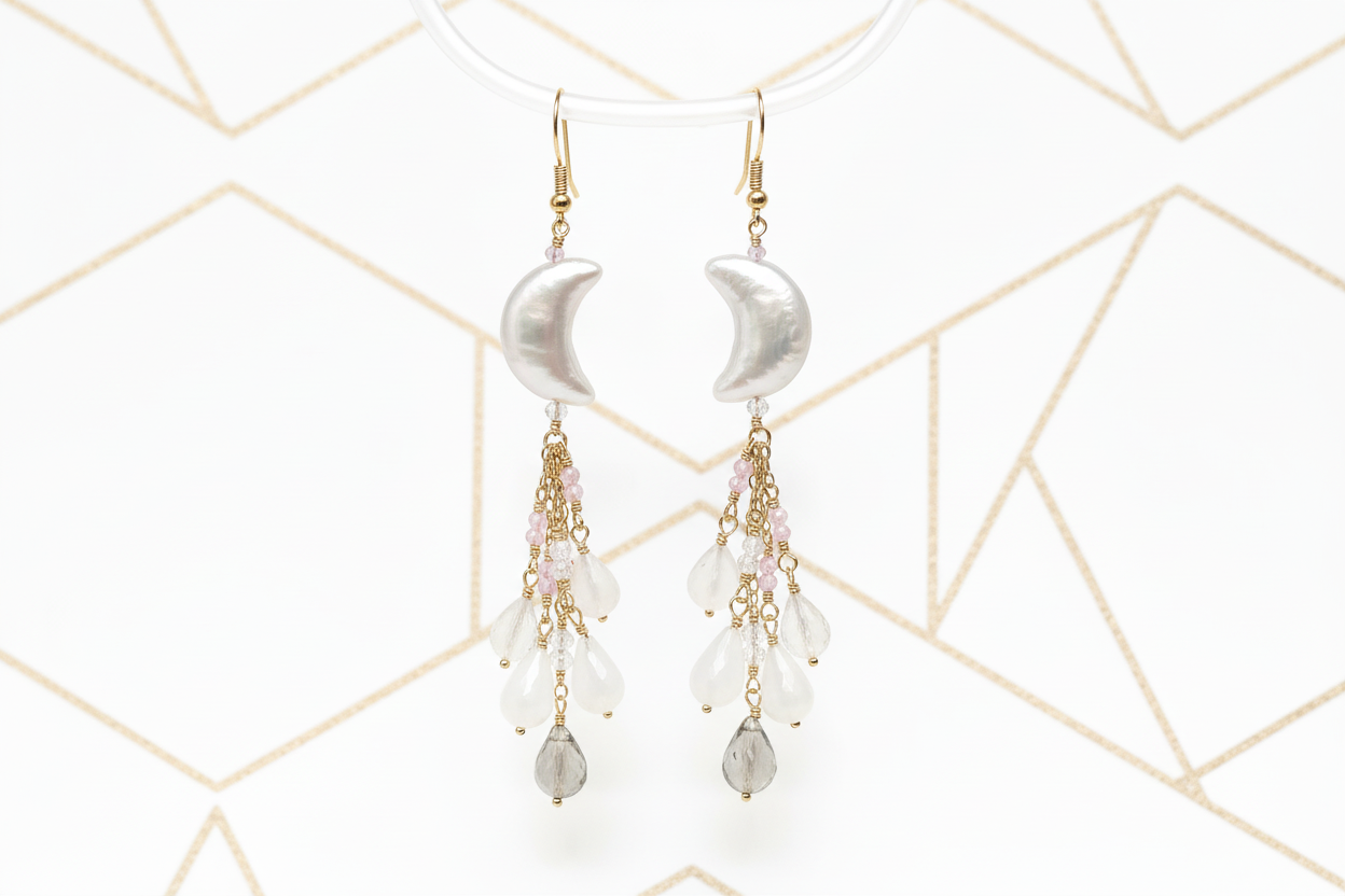 Fresh Water Moon Dangle Earrings with cascading natural gemstones and 14k gold filled wire - front view