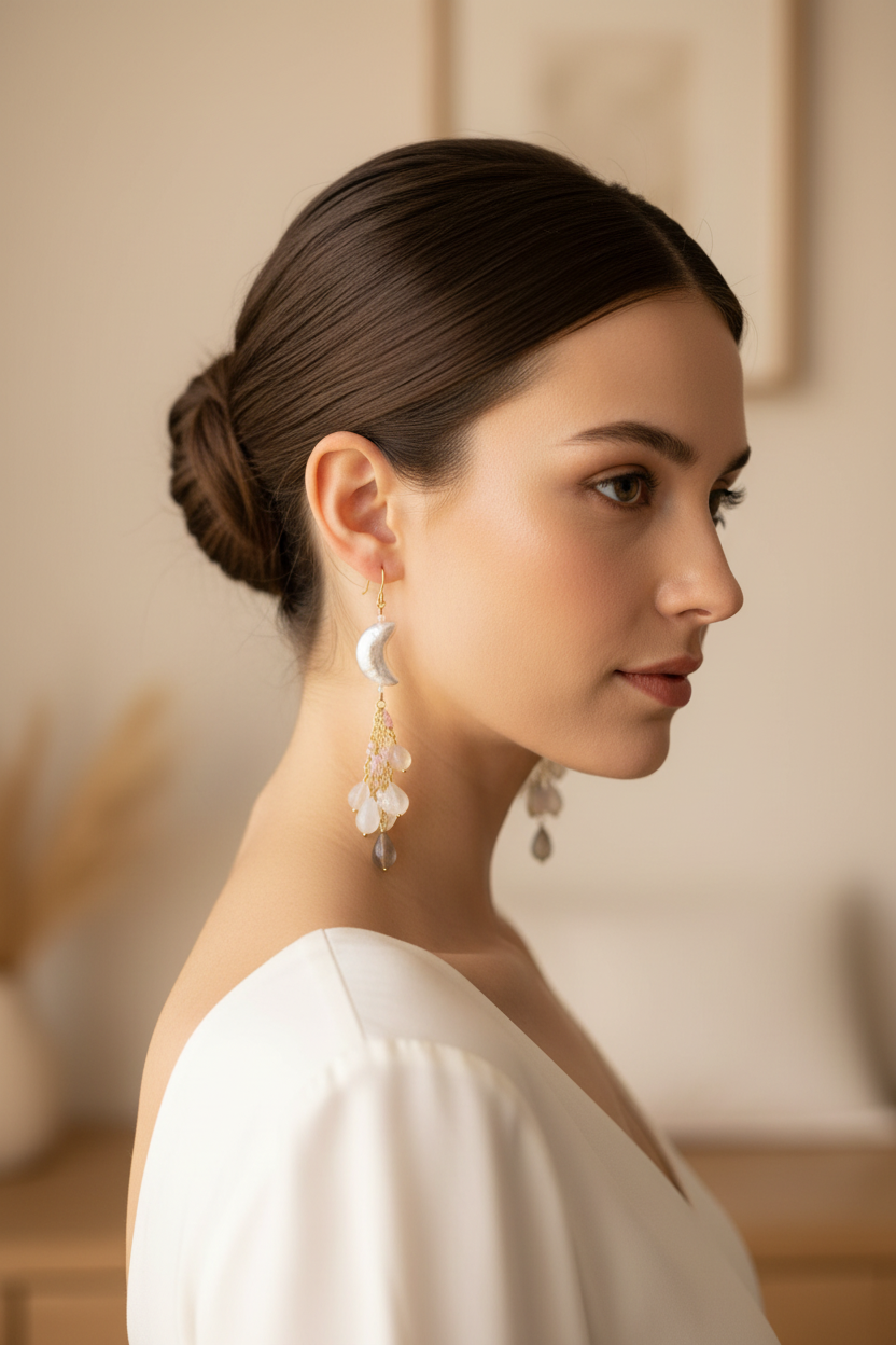 Fresh Water Moon Dangle Earrings on Model