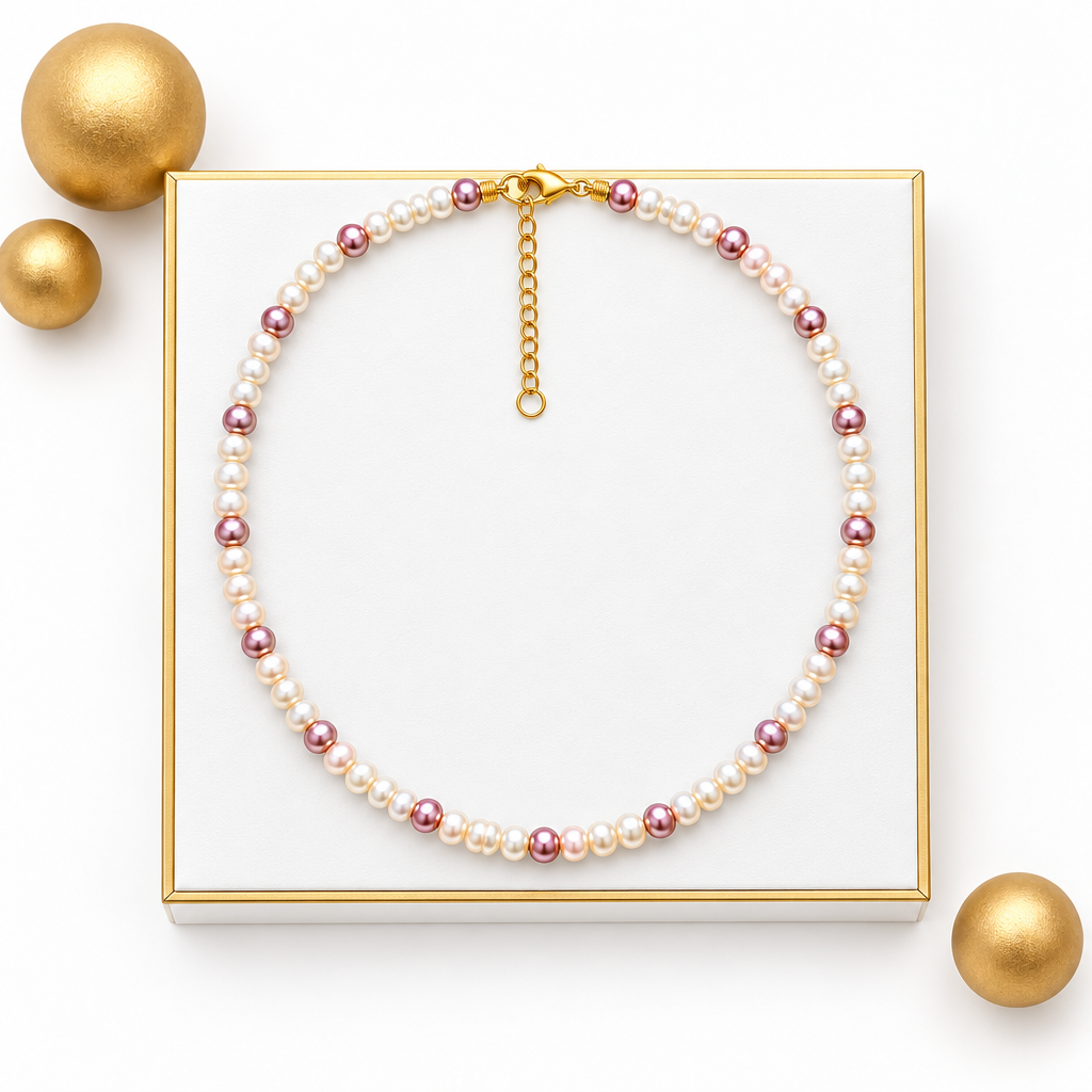 Freshwater pearl necklace with pink accent pearls, gift-ready jewelry styling
