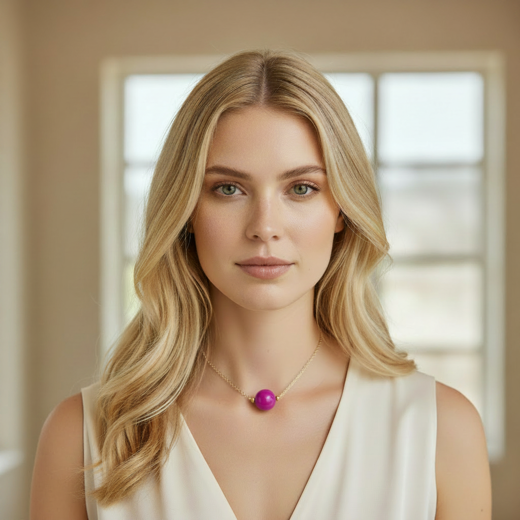 Fuchsia Tagua Bead Necklace Gold Plated Choker on Model for Women
