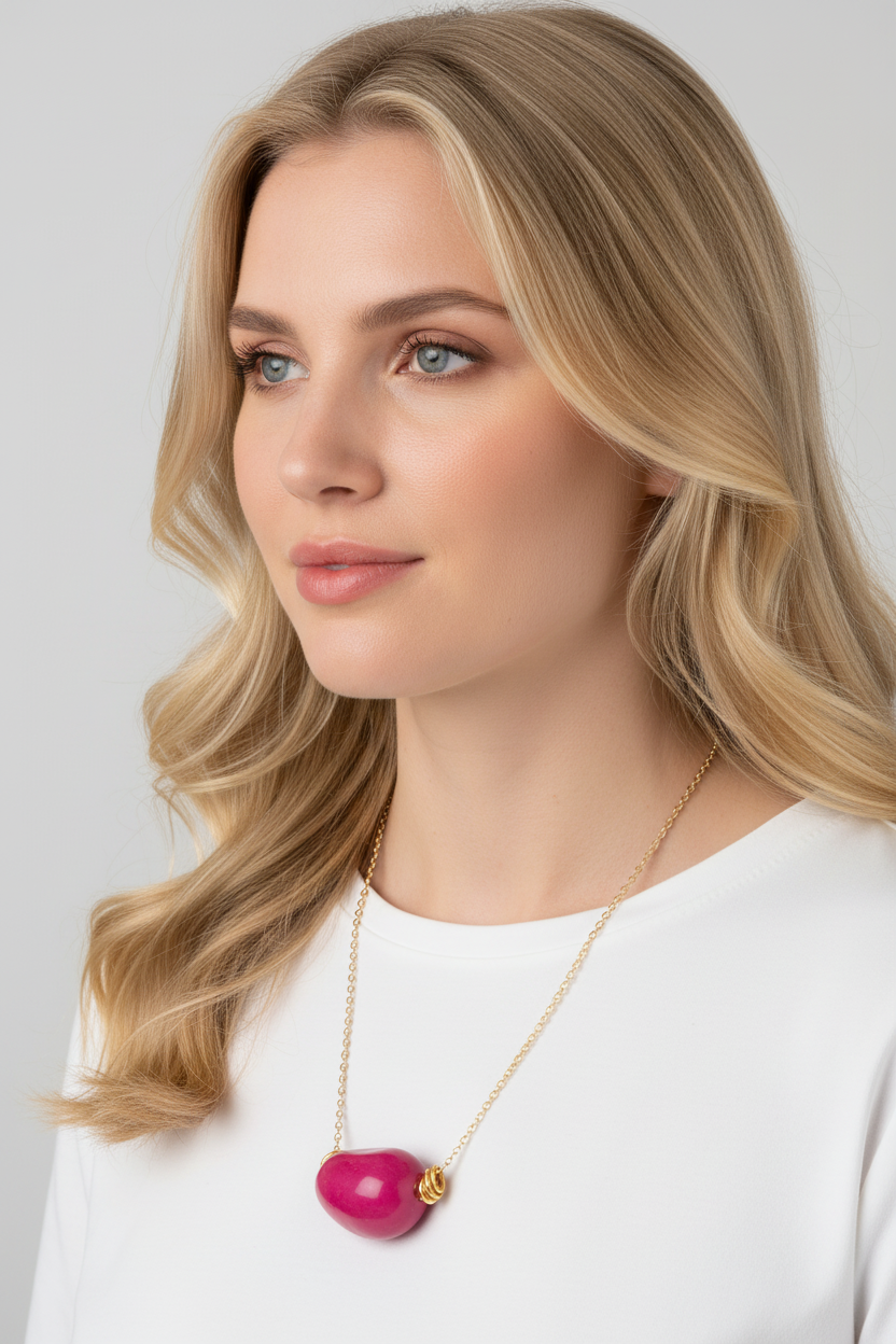 Blonde model wearing long fuchsia tagua nugget necklace 75cm - statement sustainable jewelry layering piece