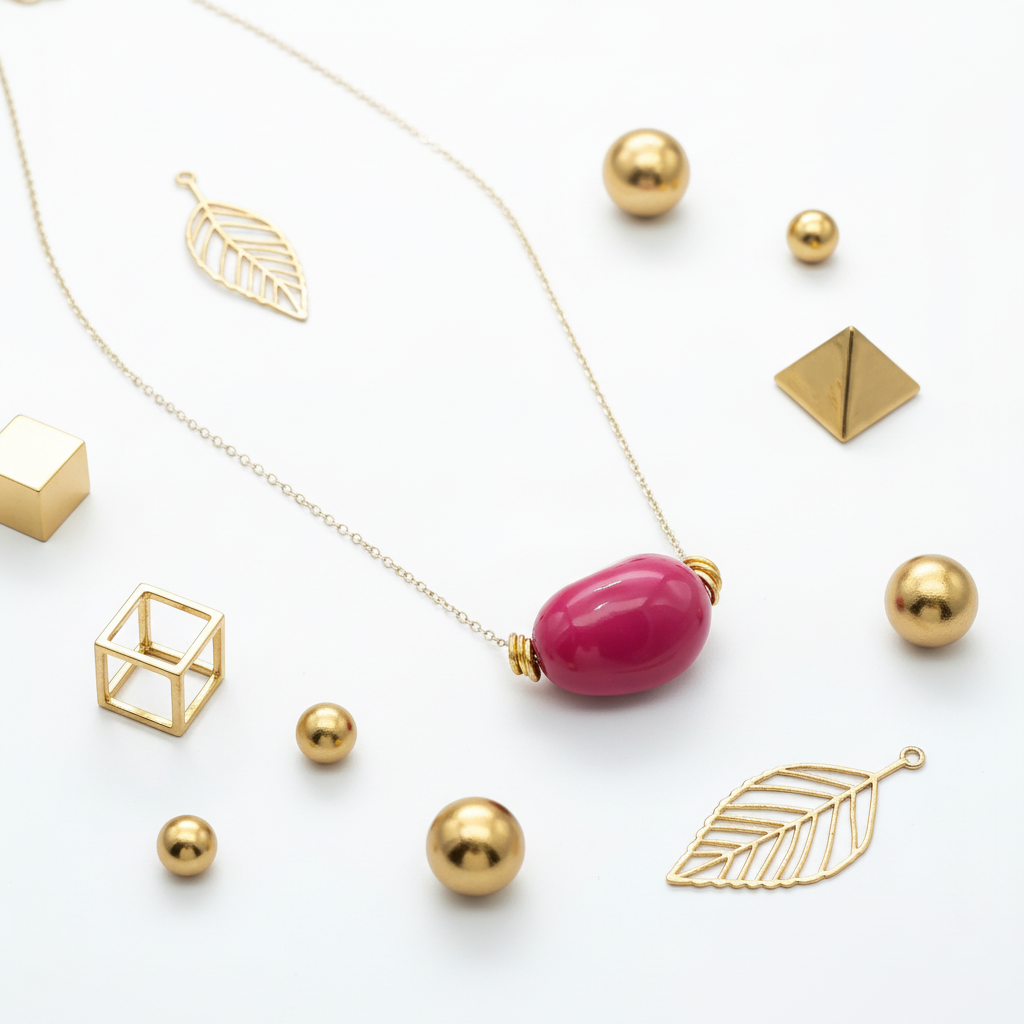 Vibrant fuchsia pink tagua necklace with gold chain in elegant white and gold setting - eco-friendly handcrafted jewelry
