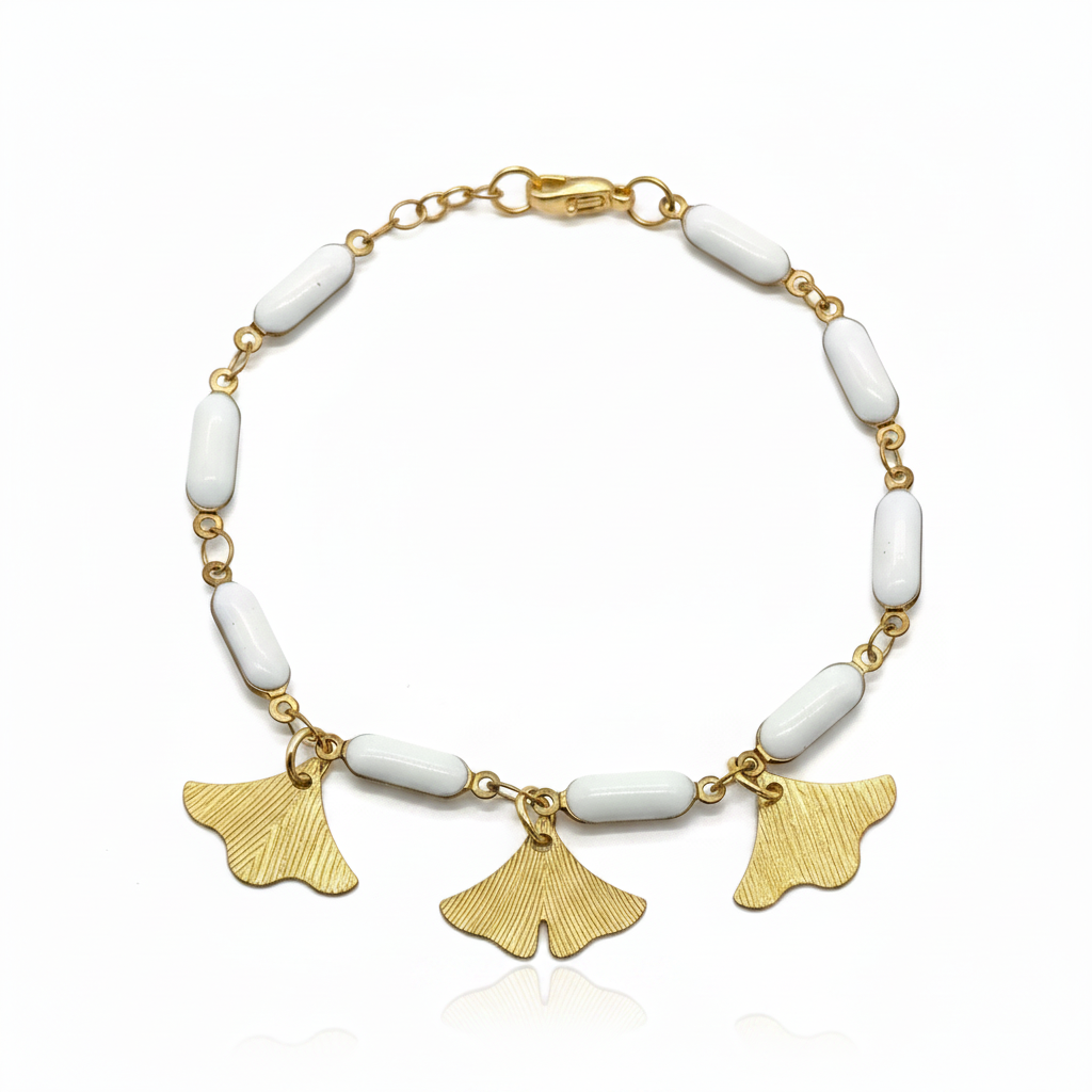Ginkgo Leaf Charm Bracelet Brass White Enamel Puffed Bar Chain for Women
