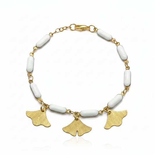 Ginkgo Leaf Charm Bracelet Gold Tone White Enamel Brass for Women


