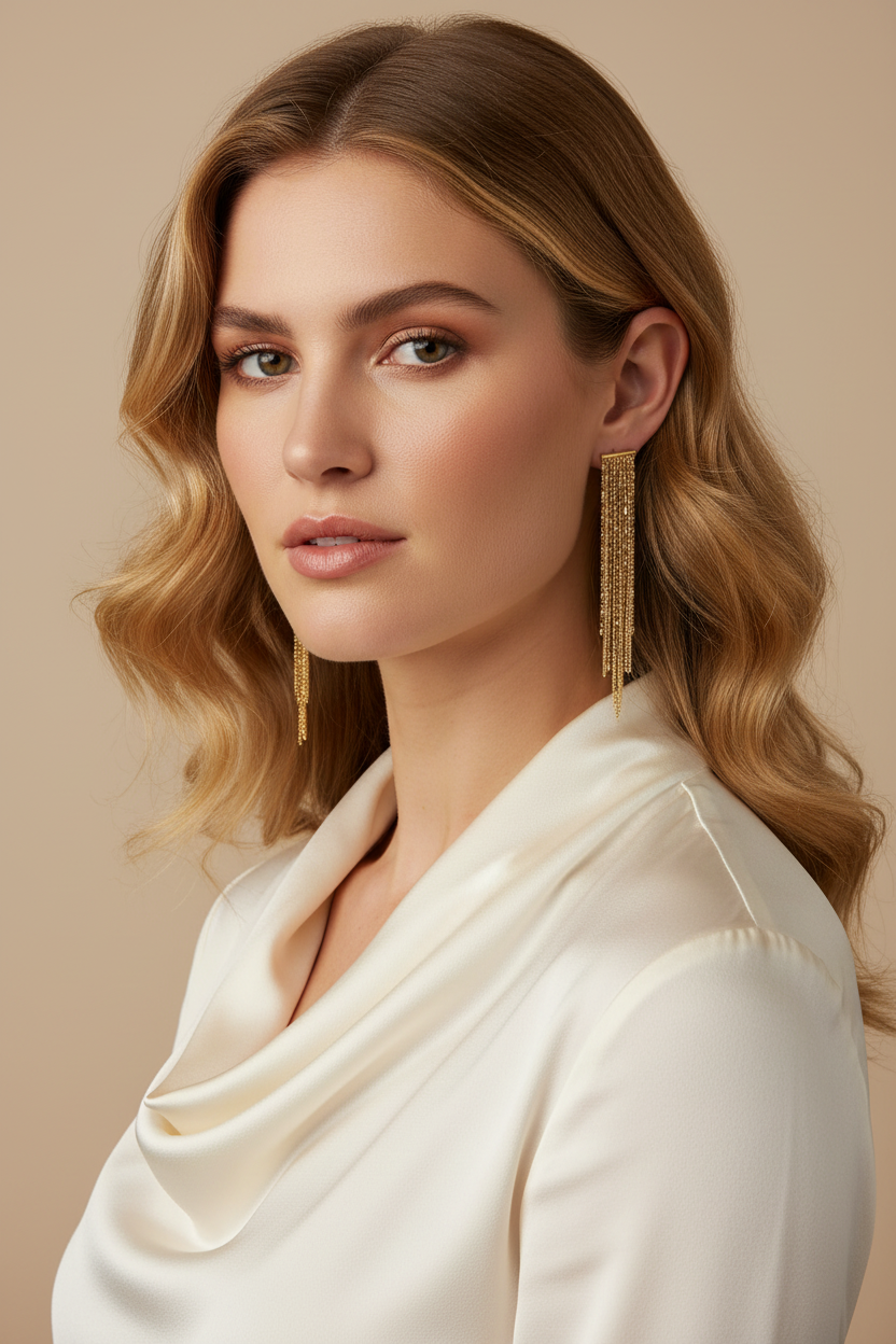 Gold Bar Fringe Earrings - Correct Scale on Model