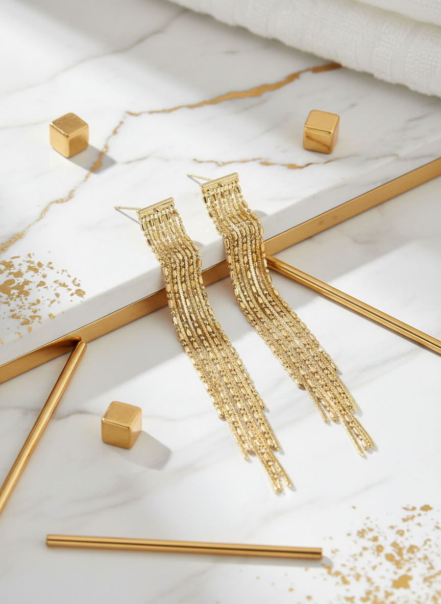 Gold Bar Fringe Stud Earrings in White and Gold Setting