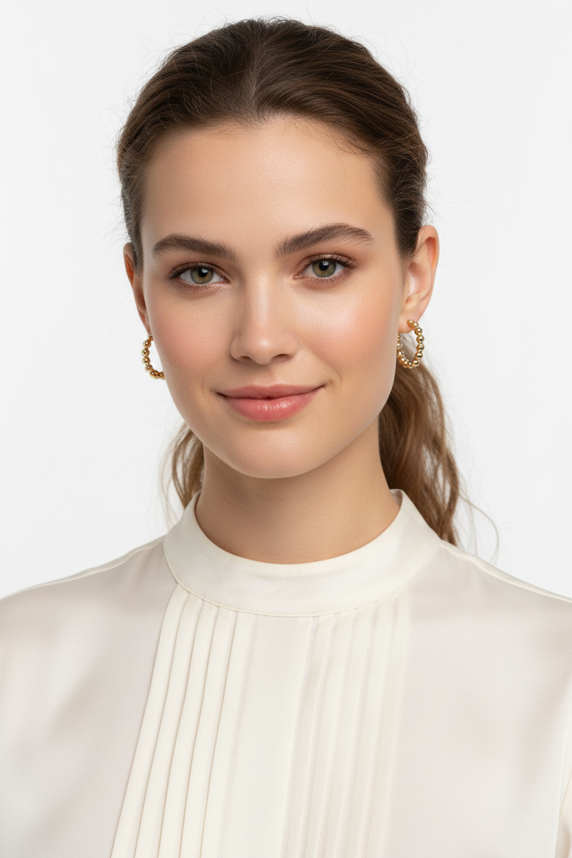 Gold beaded hoop earrings 20mm worn by model – 18k gold plated warm gold finish – Ms Friesch